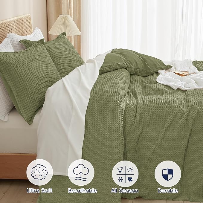PHF Waffle Duvet Cover Set California King, No Snagging Ultra Soft Luxury Textured Breathable Comforter Cover for All Season 3pcs, Durable Bedding Duvet Set with 2 Pillow Shams, 104"x98", Olive Green