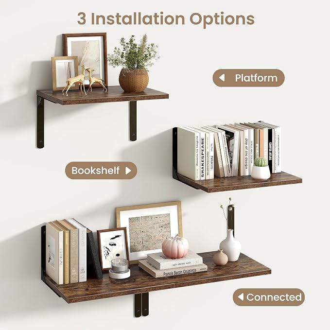 Fun Memories Rustic Brown 12 Inch Deep Floating Shelves Set of 2, Wall Mounted Shelf with Metal Brackets, Rustic Wood Wall Shelf for Bathroom, Kitchen and Living Room, Rustic Brown, 16W x 12D