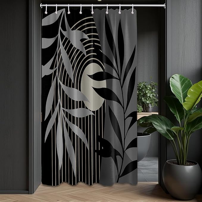 Boho Black and Grey Shower Curtain, Mid Century Modern Black and Gray Shower Curtains for Bathroom, Waterproof Fabric Set with Hooks, (48" W X 72" L)