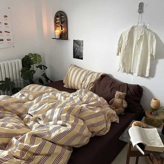 mixinni Retro Striped Duvet Cover Set Twin - 100% Natural Cotton 3-Piece Vintage Red Stripes Pattern Printed Bedding Set, Soft Breathable Comforter Cover with Zipper Closure & Corner Ties, Twin Size