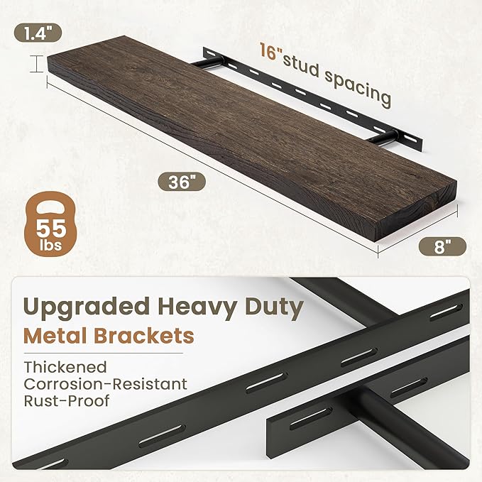 Fun Memories Solid Elm Wood Floating Shelves Set of 2-36 Inch Rustic Wall Shelves with Heavy-Duty Invisible Brackets - for Living Room, Kitchen, Bedroom, Bathroom - Walnut Finish