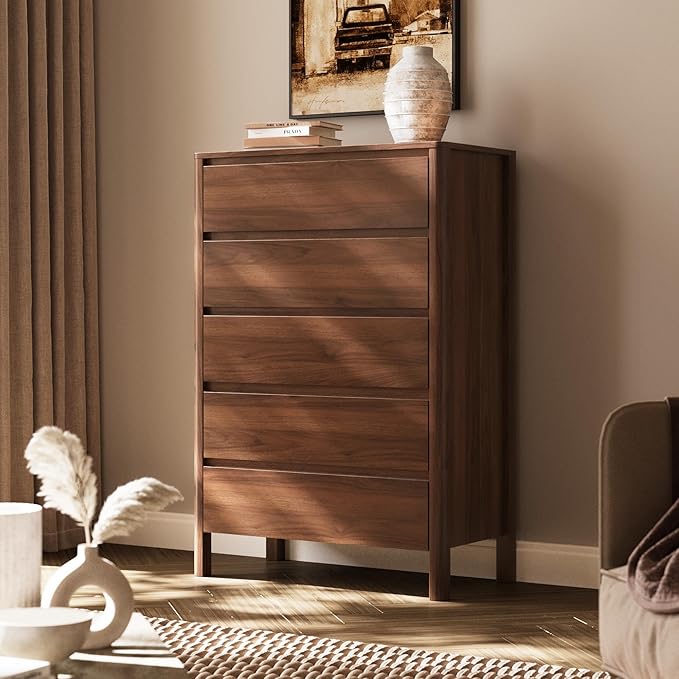 Walnut 5 Drawer Dresser for Bedroom, Modern Tall Dresser with Hidden Handles, Space-Saving Wooden Drawer Organizer, Living Room, or Hallway, Vertical Storage Chest of Drawers, 45.7" H