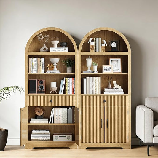 Farmhouse Arched Bookshelf, Mid-Century Modern 5-Tier Curved Cabinet with Door, Wooden Bathroom Storage Cabinet, Kitchen Pantry Cabinet for Living Room, Kitchen，Home Office, Natural X2