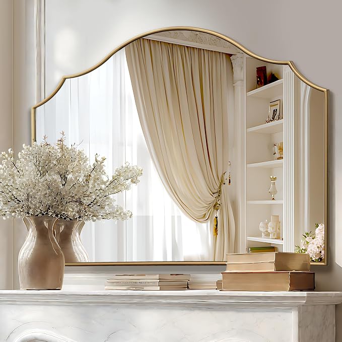 Besdomus Gold Scalloped Wall Mirror: 40"x29" Large Modern Minimalist Bathroom Mirror - Decorative Vanity Arched for Dresser/Entryway/Fireplace/Mantle/Living Room - Home Decor for Housewife