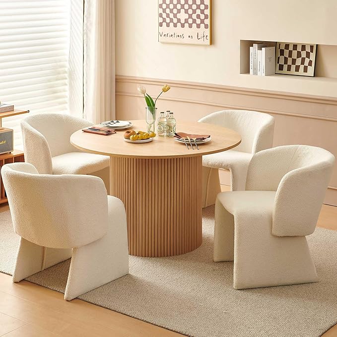 NORDICANA 5-Piece Round Dining Table Set for 4, Rustic 47-Inch Kitchen Table and Chair Set, Dining Set with Off White Upholstered Armchairs, Manufactured Wood Top with Oak Veneer