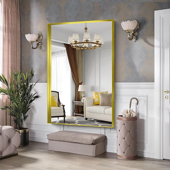 CIRCUMI Gold Bathroom Mirror, 40"x60" Rectangular Mirror with Deep Metal Frame, Brushed Finish, Tempered Glass, Large Mirror for Wall, Over 2 Sinks, Installed Vertically/Horizontally, Crystal-Clear
