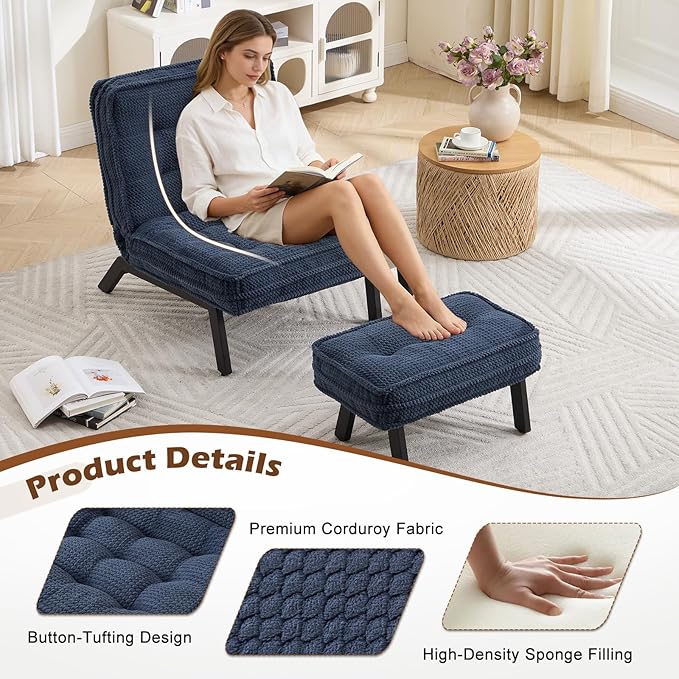 ANJ Accent Chair with Ottoman Adjustable Backrest, Blue Living Room Chair Tufted Upholstered Lounge Chair with Footrest Set, Modern Chair Cozy Reclining Chair for Reading Room Bedroom