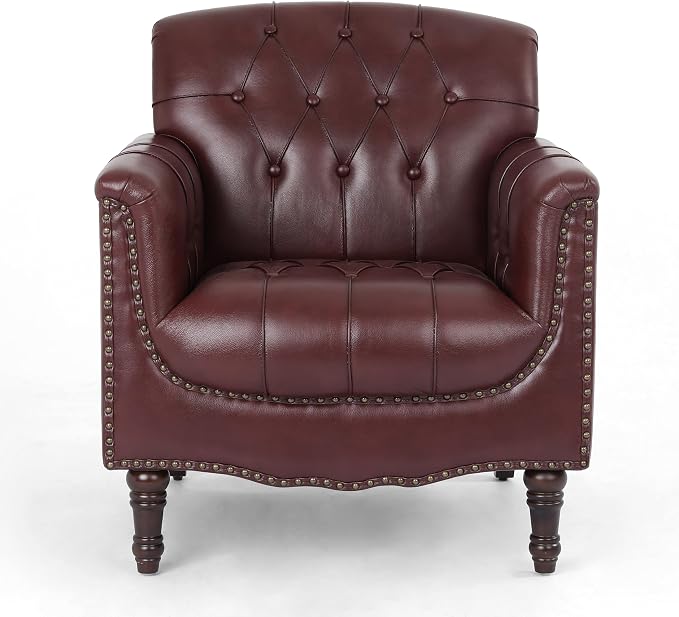 Faux Leather Accent Chair for Living Room, Tufted Arm Chair Retro Upholstered Club Armchair with Solid Wood Legs, Burgundy Red