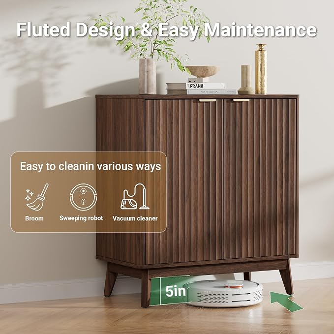 Buffet Cabinet, Small Coffee Bar Cabinet with Storage, Modern Walnut Fluted Sideboard Cabinet with Adjustable Shelf & Doors, Accent Credenza for Kitchen, Living Room, Entryway, Hallway