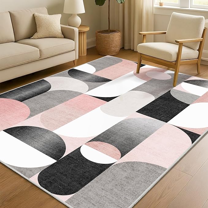 Pink Rug 4x6.5 Washable Area Rugs for Bedroom Living Room Kitchen Entryway Bedside,Modern Non Slip Carpet,Small Blush Grey Black