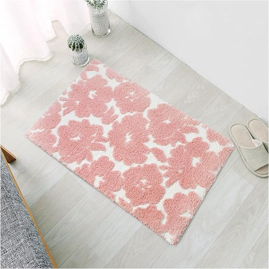 Civkor Pink and White Bathroom Rug, Tufted Flower Bath Mat for Bathroom with Non Slip TPR Backing, Quick Dry Microfiber Surface, Soft and Super Water Absorbent Bath Rug, 24x16Inch