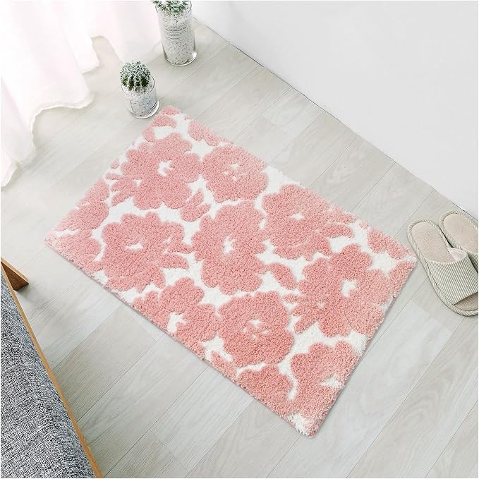 Civkor Pink and White Bathroom Rug, Tufted Flower Bath Mat for Bathroom with Non Slip TPR Backing, Quick Dry Microfiber Surface, Soft and Super Water Absorbent Bath Rug, 31x20Inch
