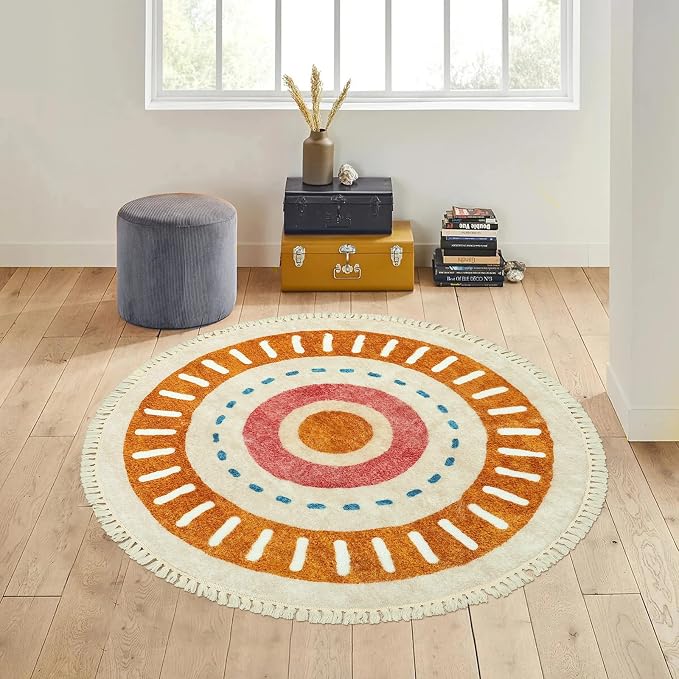 Lukinbox Boho Round Rug - 4Ft Sun Washable Rugs for Bedroom, Soft Non-Slip Circle Living Room Rugs, Colorful Rainbow Circular Throw Rug Area Carpets for Kids Room Playroom Nursery Dinning Room