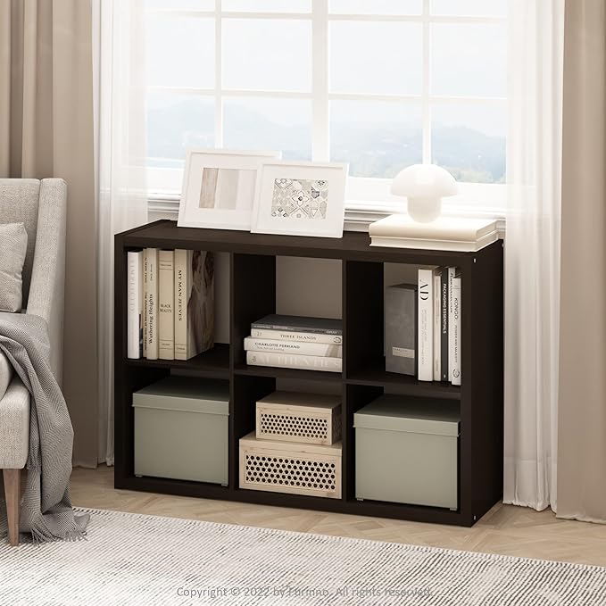 Furinno Cubicle Book Shelf, 6-Cube Bookshelf, Extra Thick Frame Horizontally & Vertically Reversible Bookcase with Open Back, 14.6" x 44" x 30", for Living Room, Bedroom, Home Office, Black Dark Oak