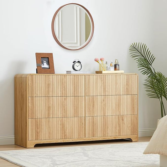 BERRYMERRY Fluted 6 Drawers Dresser for Bedroom, 53" Wide Chest of Drawer with Rounded Edge,Mid Century Modern Large Double Wood Dresser for Living Room Bedroom