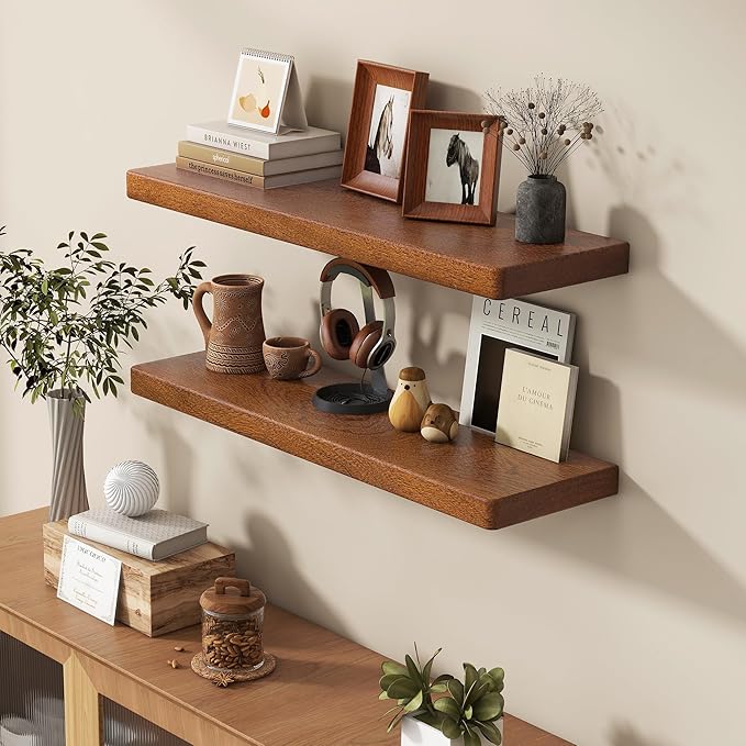 Fun Memories 30 Inch Floating Shelves, Rustic Solid Wood Wall Shelves Set of 2, 8 Inch Deep Floating Shelf for Bathroom, Bedroom, Heavy-Duty Wooden Shelf Wall-Mounted for Home Decor & Storage