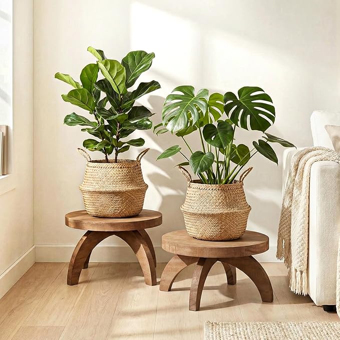 Novabright 1 Pcs Short Plant Pedestal Wood Plant Stool Round Low Wood Riser Pedestal Display Decor Flower Indoor Outdoor Rustic Farmhouse Table Balcony Decor Board Flower Holder Rise (Rustic Color)