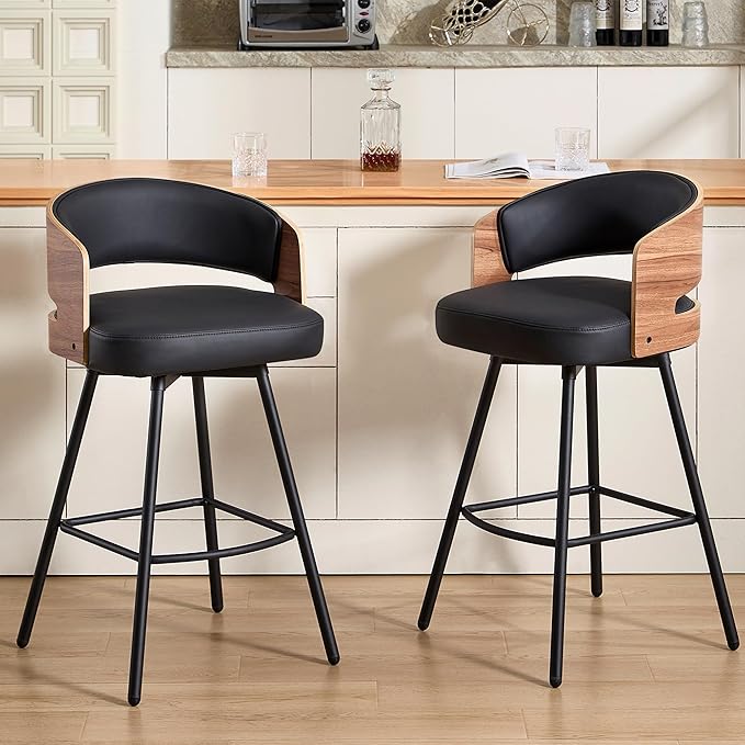 Swivel Bar Stools Set of 2, 26" Counter Height Bentwood Barstool, Upholstered Faux Leather Barstools with Walnut Back, Mid Century Modern Bar Chairs for Kitchen Island, Bar