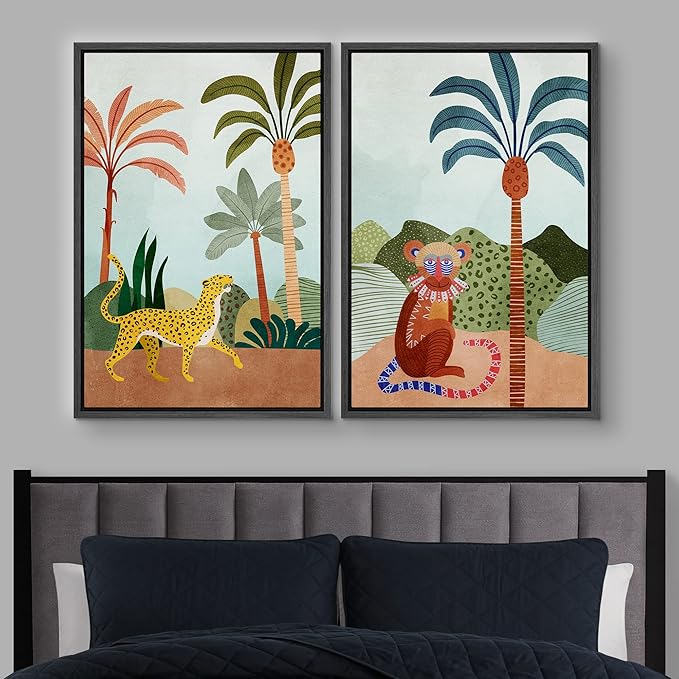 IDEA4WALL Framed Canvas Print Wall Art Set Wild Tropical Jungle Safari Cheetah & Monkey Nature Wilderness Digital Art Modern Art Decorative Animal for Living Room, Bedroom, Office - 16"x24"x2 Black