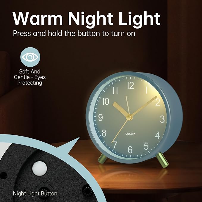 Analog Alarm Clock, 4 inch Super Silent Non Ticking Small Clock with Night Light, Battery Operated, Simple Design, easy setting for Office, Bedroom, Bedside, Desk, teens, elders, kids, adult, Skyblue