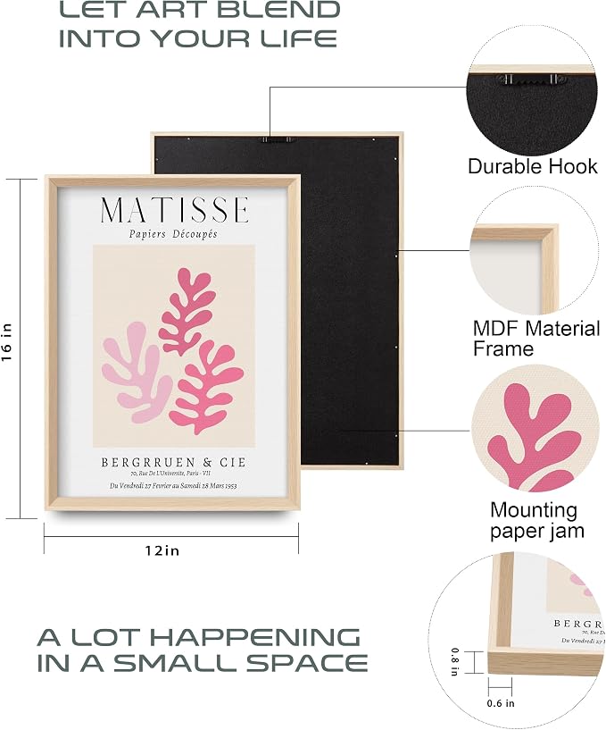 Framed Matisse Pink Canvas Wall Art,Abstract Matisse Canvas Wall Decor,16x12IN High Framed Wood Design Prints,Minimalist Wood Frame Posters for Living Room,Bedroom,Bathroom Set of 3