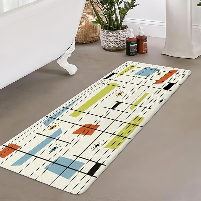 DYNH Mid Century Kitchen Rug Bath Rug, Aesthetic Abstract Geometric Mid Century Bath Mat Rug, Teal Blue Retro Grid Starbursts 1950S 1960S Modern Minimalist Floor Rug mat for Kitchen/Bathroom,17X48IN