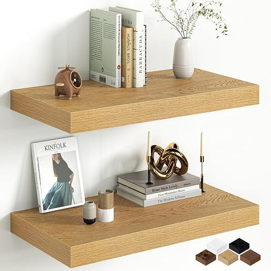 Fun Memories 12 Inch Deep Oak Floating Shelf, 24 x 12 Rustic Wood Wall Shelf for Books, 2" Thick Deep Floating Shelf for Storage & Display in Kitchen, Living Room, Bedroom, 2 Packs