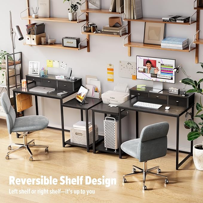 SINPAID 47 inch Computer Desk with Printer Shelf, Gaming Desk with Monitor Stand and Drawers, Reversible Home Office Desk with Storage Shelves and 2 Hooks, Home Workstation for Study Writing, Black