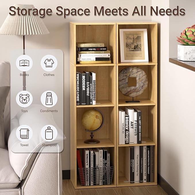 4 Cube Storage Organizer, 4 Tier Cube Low Bookcase Freestanding Storage Display Organizer, Four-Cubes Open Shelf Bookshelf for Home Office (Oak, 4-Cube)