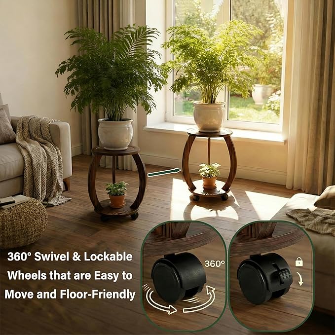 2 Tier Wooden Plant Stand Indoor with Wheels – Tall Plant Stand for 6-12 Inch Pots, Mid-Century Modern Rustic Plant Table Indoor, Pedestal Stand for Corner, Living Room, Balcony