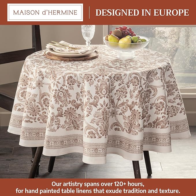 Maison d' Hermine Table Cloth Round Table 100% Cotton 63 Inches Fall Tablecloth Reusable Everyday Use for Thanksgiving Christmas Decorations Dining Farmhouse Party (Allure)