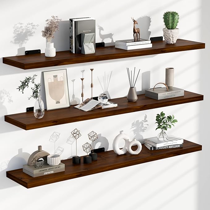 Rustic Wood Floating Shelves Set of 3, 36Inches Wood Rustic Farmhouse Wall Shelves, Easy-to-Install Hanging Shelves for Living Room, Kitchen, and Bathroom, 100bs Capacity. (Walnut, 3T36IN)