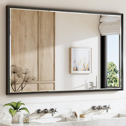 60 x 36 Black Framed Mirror for Bathroom, Beveled Black Bathroom Vanity Mirror Anti-Rust, Shatterproof Matte Black Rectangle Metal Frame Mirror, Vertical/Horizontal Large Wall-Mounted Mirrors