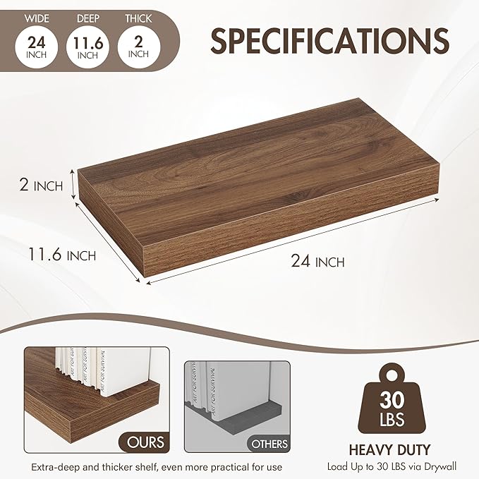 24 Inch Floating Shelves, 12" Deep Floating Shelf Wall Mounted, 24" Wall Shelves, Rustic Deep Bookshelf, Extra Deeper & Thicker Display Shelves for Bedroom, Living Room, Walnut, Set of 2