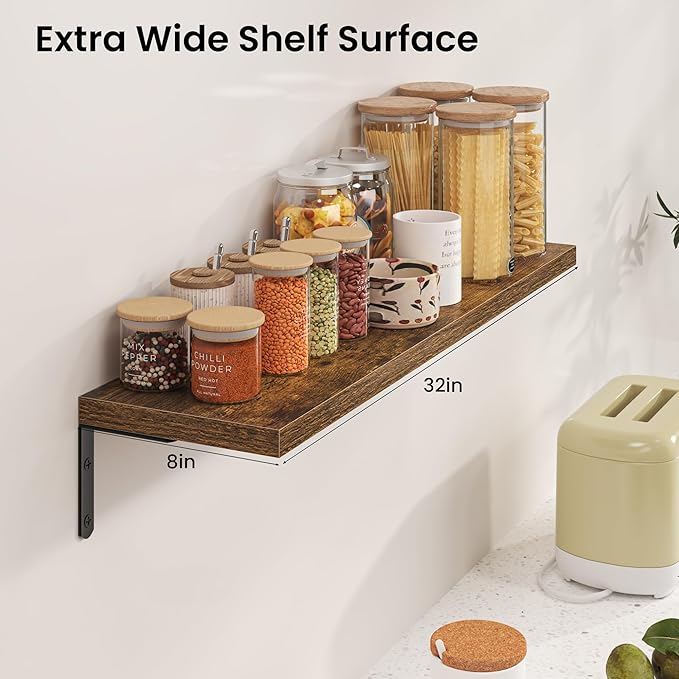 Marsmiles Extra Wide Floating Shelves for Wall, 32x8 Inch Natural Wood Grain Bookshelves, Heavy Duty Mounted Shelving for Bathroom, Kitchen, Living Room, Bedroom,Set of 2，Rustic Brown