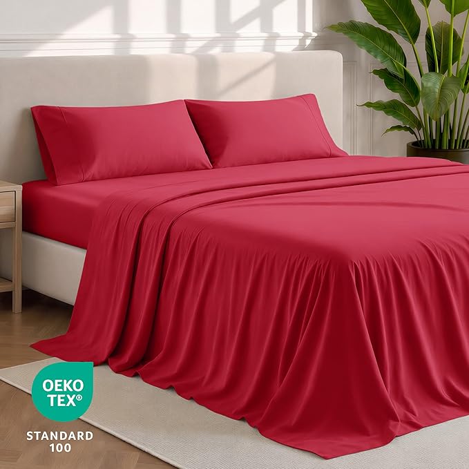 Bare Home Twin Sheet Set - 1800 Ultra-Soft Microfiber Twin Bed Sheets - Double Brushed - Deep Pockets - Easy Fit - 3 Piece Set - Bedding Sheets & Pillowcases (Twin, Red)