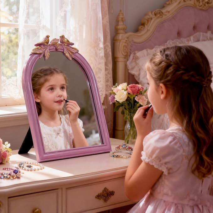 Pink Bird Bow Mirror - 13x10 Inch Elegant Decorative Accent, Wall-Mounted & Tabletop Makeup Mirror for Bedroom Decor