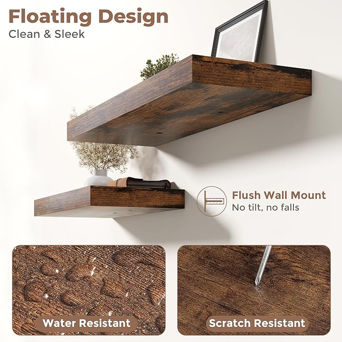 12" Deep Floating Shelves for Wall with Invisible Brackets, Wall Mounted Engineered Wood Shelves with Wood Grain for Living Room, Bedroom, Kitchen Decor and Storage, 48"L Set of 1, Rustic Brown