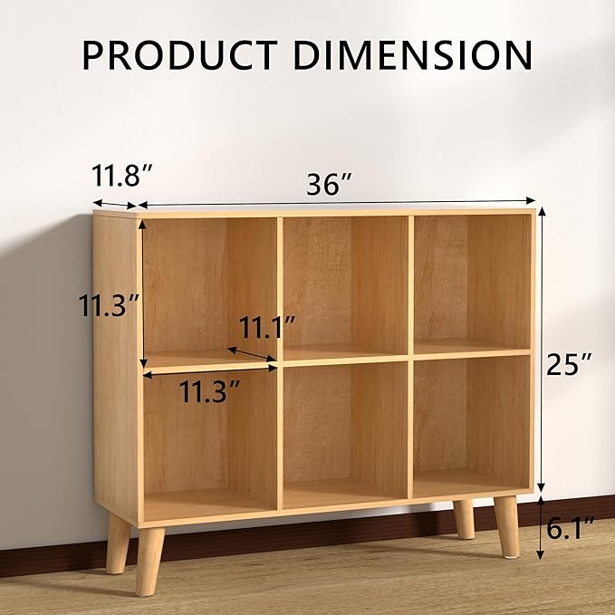 6 Cube Storage Organizer with Legs, 2 Tier Cube Low Horizontal Bookcase Freestanding Storage Display Organizer for Home Office, Six-Cubes Unit Open Shelf Bookshelf (Natural Oak,6 Cube)