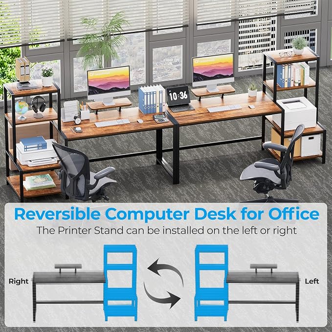 GreenForest Computer Desk 58 inch with Printer Shelf, Reversible Office Desk with Monitor Stand and 2 Hooks, Home Workstation for Study Writing Working Gaming, Brown