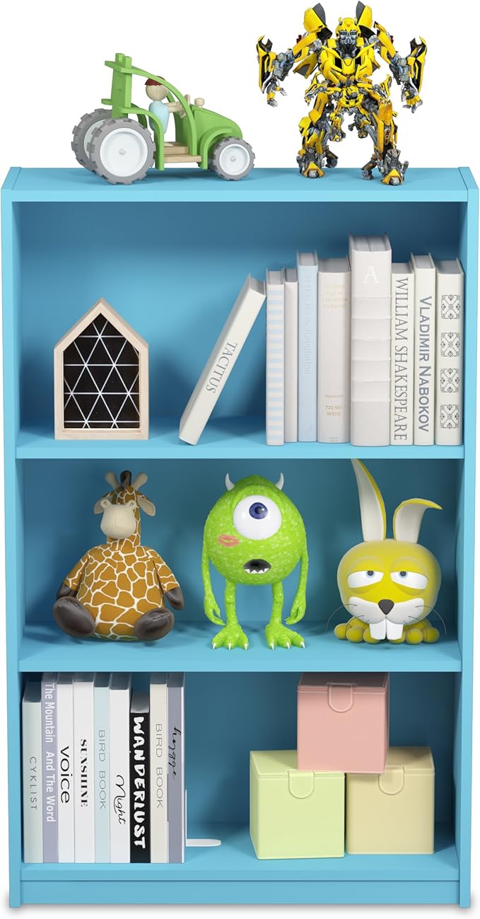 Furinno JAYA Book Shelf, 3-Tier Bookshelf, Bookcase with Adjustable Shelves, 9.5 x 24.5 x 40.3, for Organization and Storage, for Living Room, Bedroom, Home Office, Light Blue