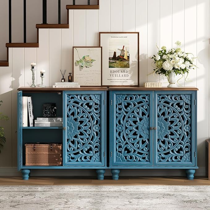 JOINICE Blue Accent Cabinet with Carved Doors, 31" Storage Cabinet for Entryway & Living Room, Vintage Sideboard Buffet Table with Adjustable Shelf, Solid Wood Legs, Boho Home Decor