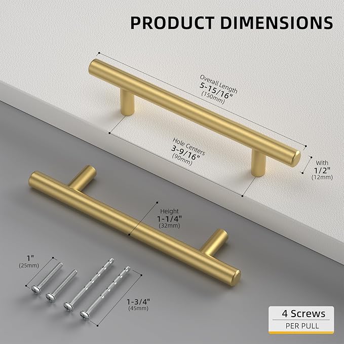 Goldenwarm 2 Pack 3-1/2 inch Gold Cabinet Handles Brushed Gold Cabinet Pulls Stainless Steel Drawer Pulls, Durable Kitchen Cabinet Handles - Bathroom Bedroom Dresser Handles Easy DIY Upgrade