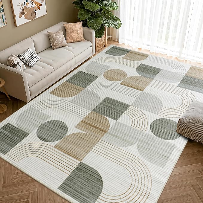 Large Machine Washable 5x7 Area Rug, Soft Modern Geometric Abstract Beige Rugs for Bedroom Living Room, Non-Shedding Faux Wool Indoor Throw Floor Carpet for Office Entryway Dining Room Decor