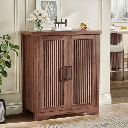 Fluted Buffet Cabinet with Storage Accent Sideboard,Modern Credenza with 2 Doors & Adjustable Shelves,Wood Coffee Bar Table Console for Dining Room Kitchen Living Room Entryway, Walnut