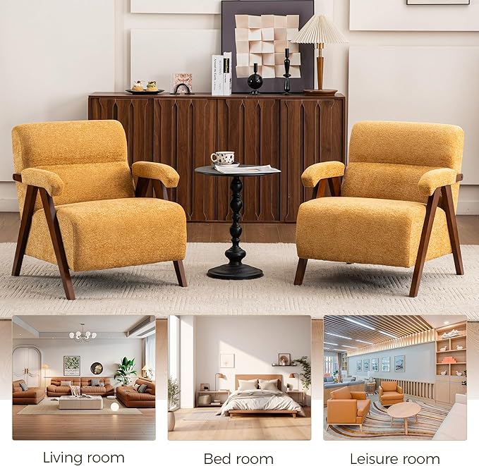 Accent Chair Set of 2 Mid Century Modern Living Room Chairs with Thick Cushion Comfy Upholstered Armchair Cozy Small Side Chairs for Reading Room Bedroom Yellow