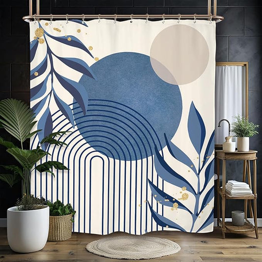 Miyotaa Abstract Minimalist Blue Shower Curtain Set 60Wx71H Inches Aesthetic Modern Geometric Neutral Contemporary Plant Leaves Polyester Waterproof Cloth Bathroom Curtain with 12 Hooks