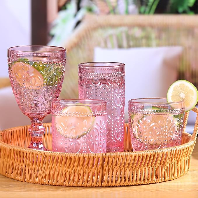 Pink Glassware set of 4, Vintage Drinking Glasses, 10oz Pink Heavy Duty Glass Cups, Old Fashioned Glass, Embossed Glasses Set for Party Wedding Home Office Glassesware Gift