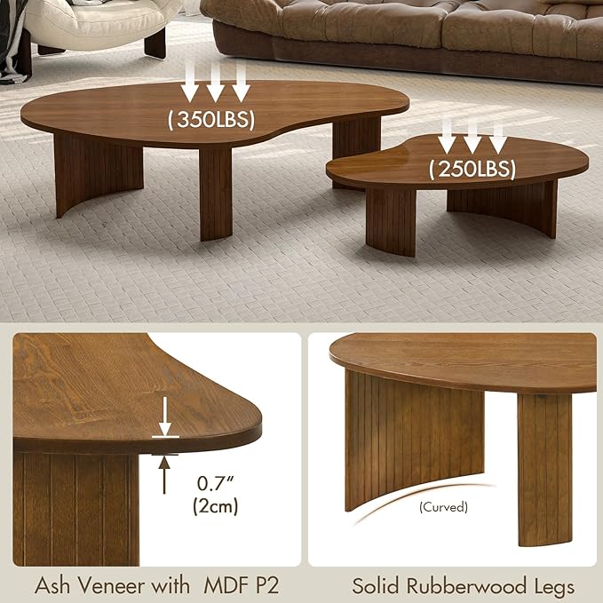 Walnut Nesting Coffee Tables Set of 2, Mid Century Modern Center Table with Fluted Wooden Legs and Oval Mango Shape for Living Room, Small Apartment