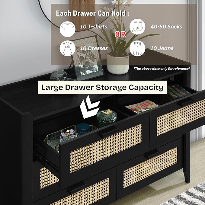 ELISA HOME Rattan-Inspired 6 Drawer Dresser for Bedroom, 47.2″ W Modern Wide Chest of Drawers, Wood Storage Organizer for Clothes, Entryway, Hallway, Nursery or Living Room, Black